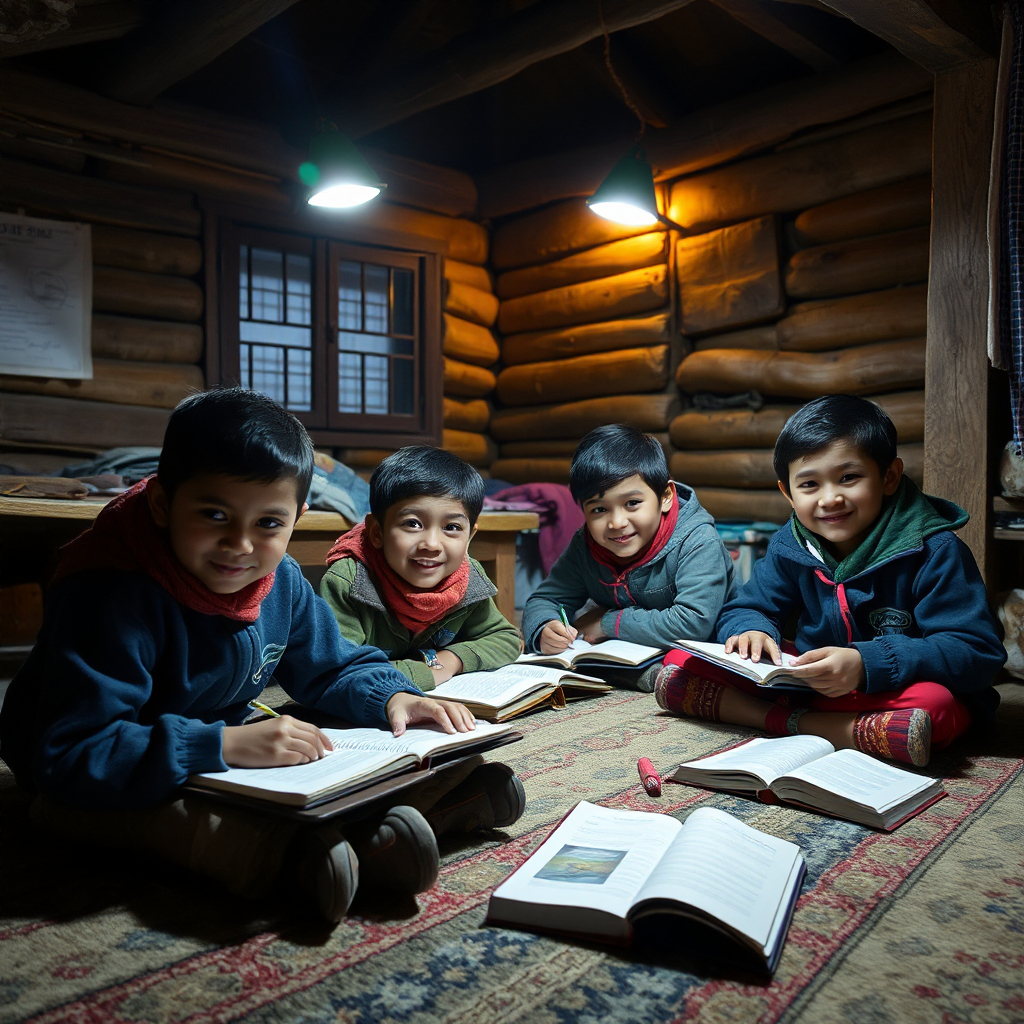 chidren studying with solar-powered lights